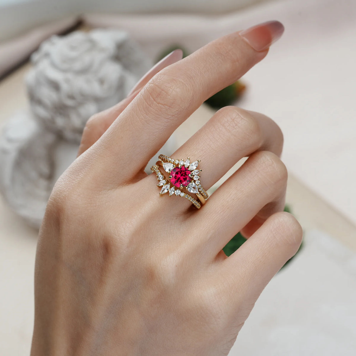 Round Cut Ruby Radiant Marquise Accent Bridal Ring Set
