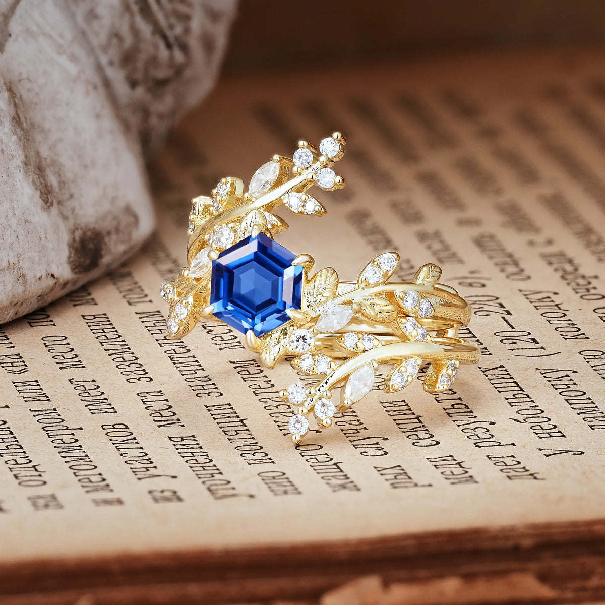 Nature-Inspired Luxury: 6-Prong Hexagonal Cut Sapphire Bridal Ring Set