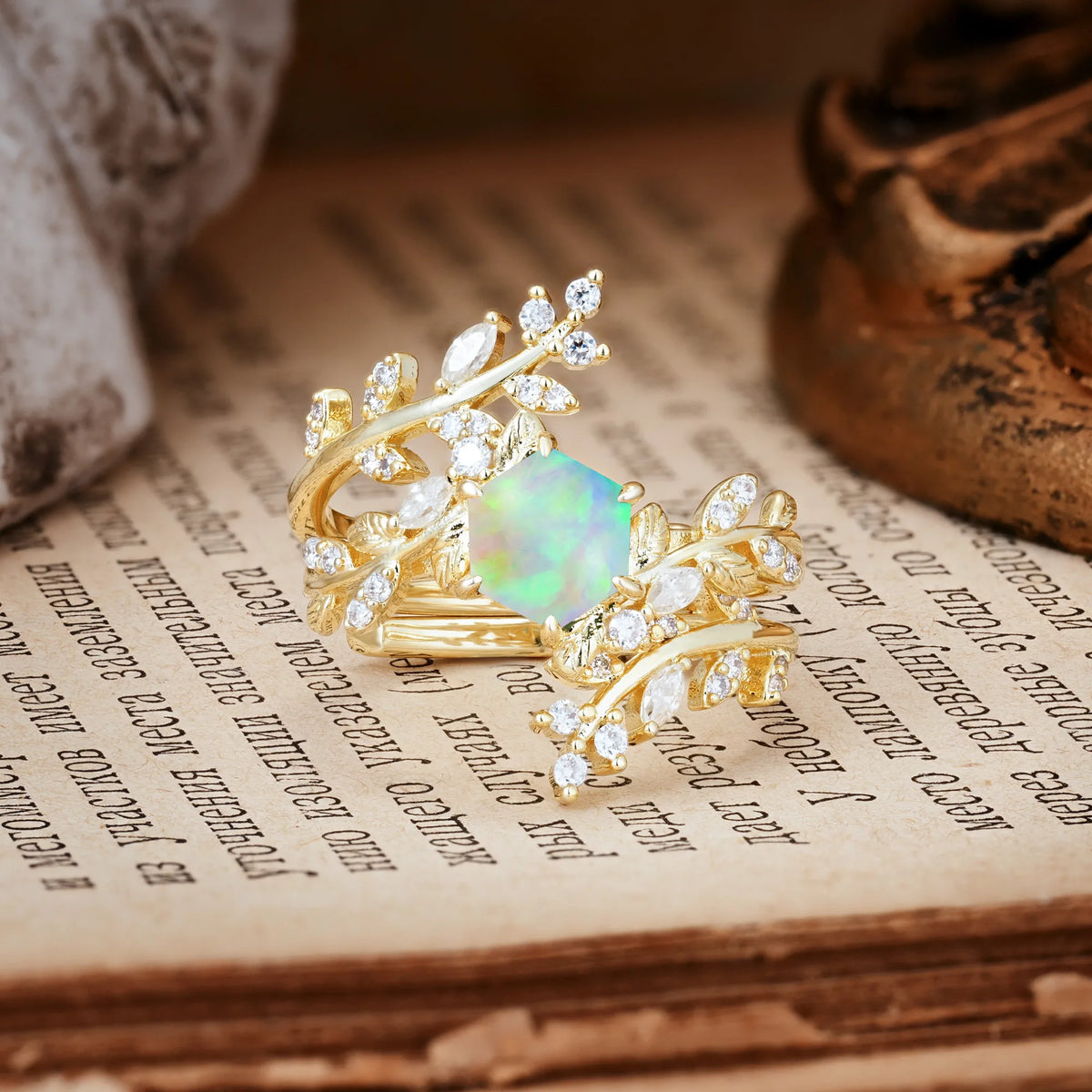 Nature-Inspired Luxury: 6-Prong Hexagonal Cut Fire Opal Bridal Ring Set