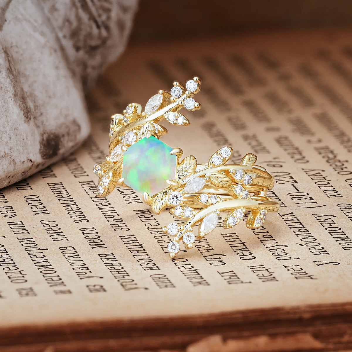 Nature-Inspired Luxury: 6-Prong Hexagonal Cut Fire Opal Bridal Ring Set