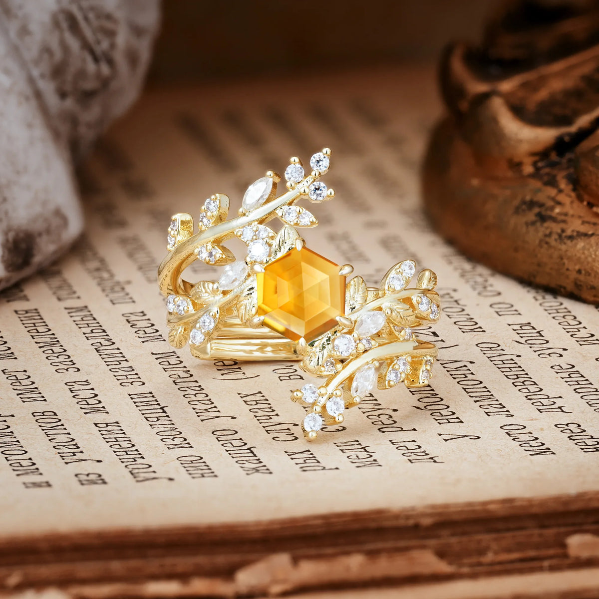 Nature-Inspired Luxury: 6-Prong Hexagonal Cut Citrine Bridal Ring Set