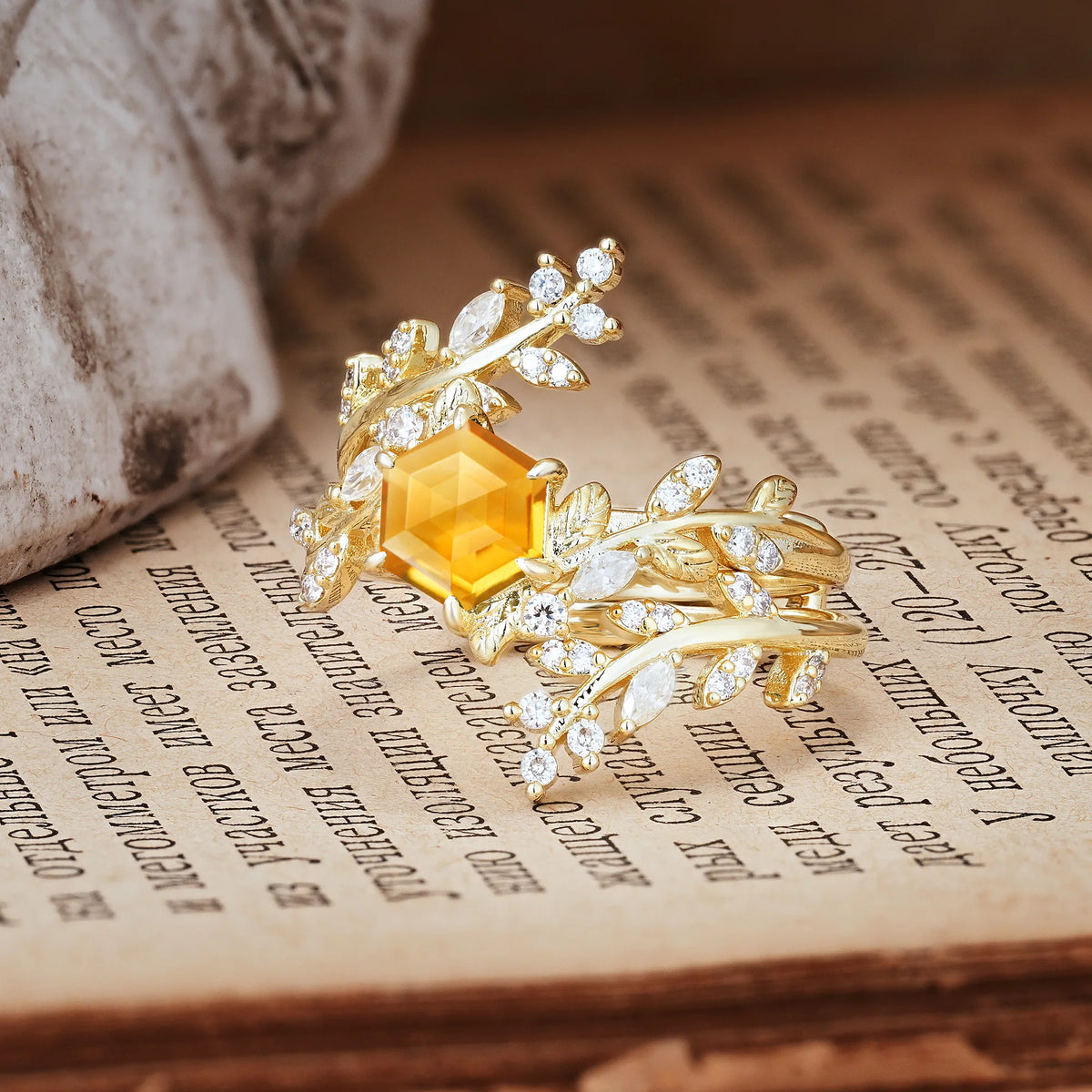 Nature-Inspired Luxury: 6-Prong Hexagonal Cut Citrine Bridal Ring Set