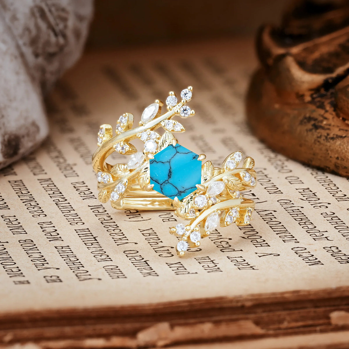 Nature-Inspired Luxury: 6-Prong Hexagonal Cut Turquoise Bridal Ring Set