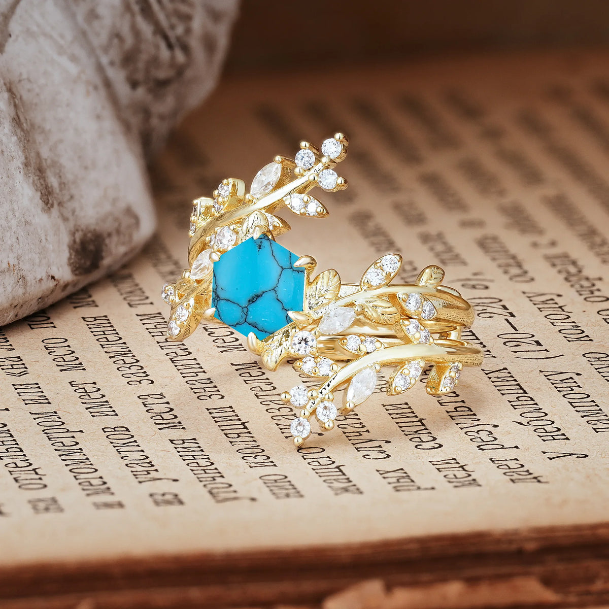 Nature-Inspired Luxury: 6-Prong Hexagonal Cut Turquoise Bridal Ring Set