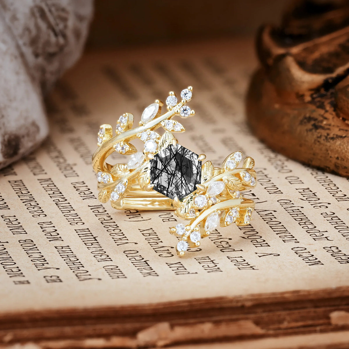 Nature-Inspired Luxury: 6-Prong Hexagonal Cut Black Rutilated Quartz Bridal Ring Set