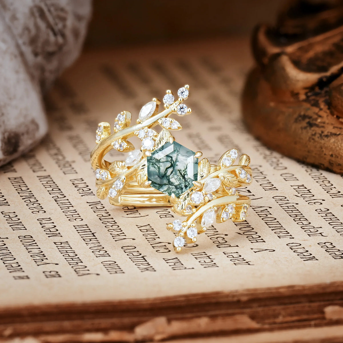 Nature-Inspired Luxury: 6-Prong Hexagonal Cut Moss Agate Bridal Ring Set