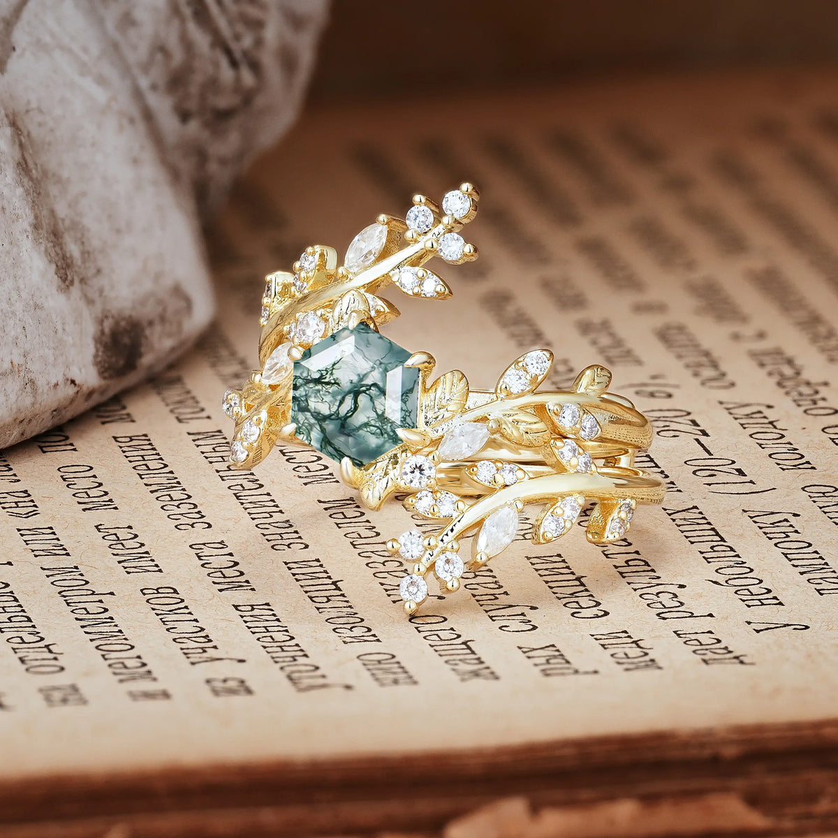 Nature-Inspired Luxury: 6-Prong Hexagonal Cut Moss Agate Bridal Ring Set