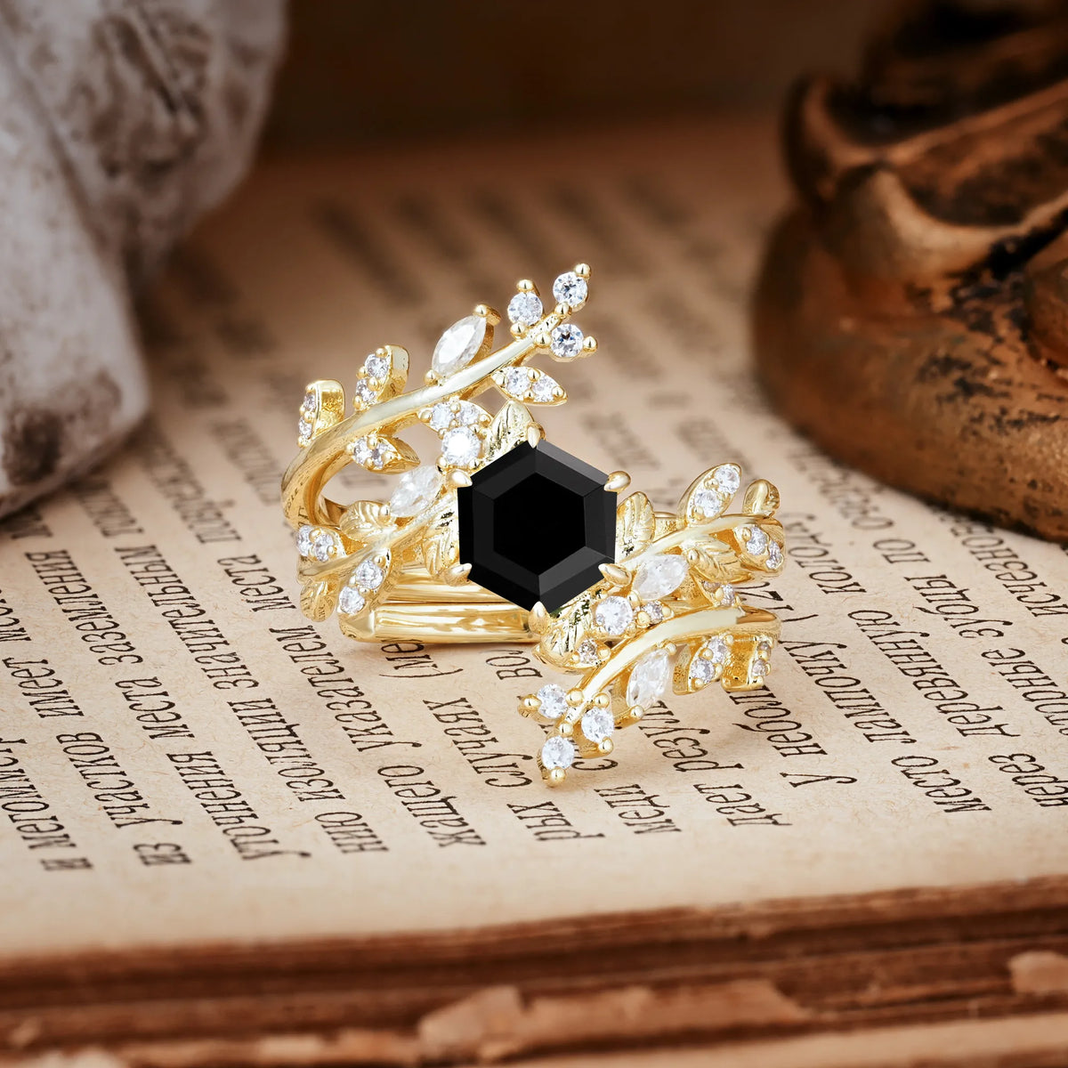 Nature-Inspired Luxury: 6-Prong Hexagonal Cut Black Onyx Bridal Ring Set