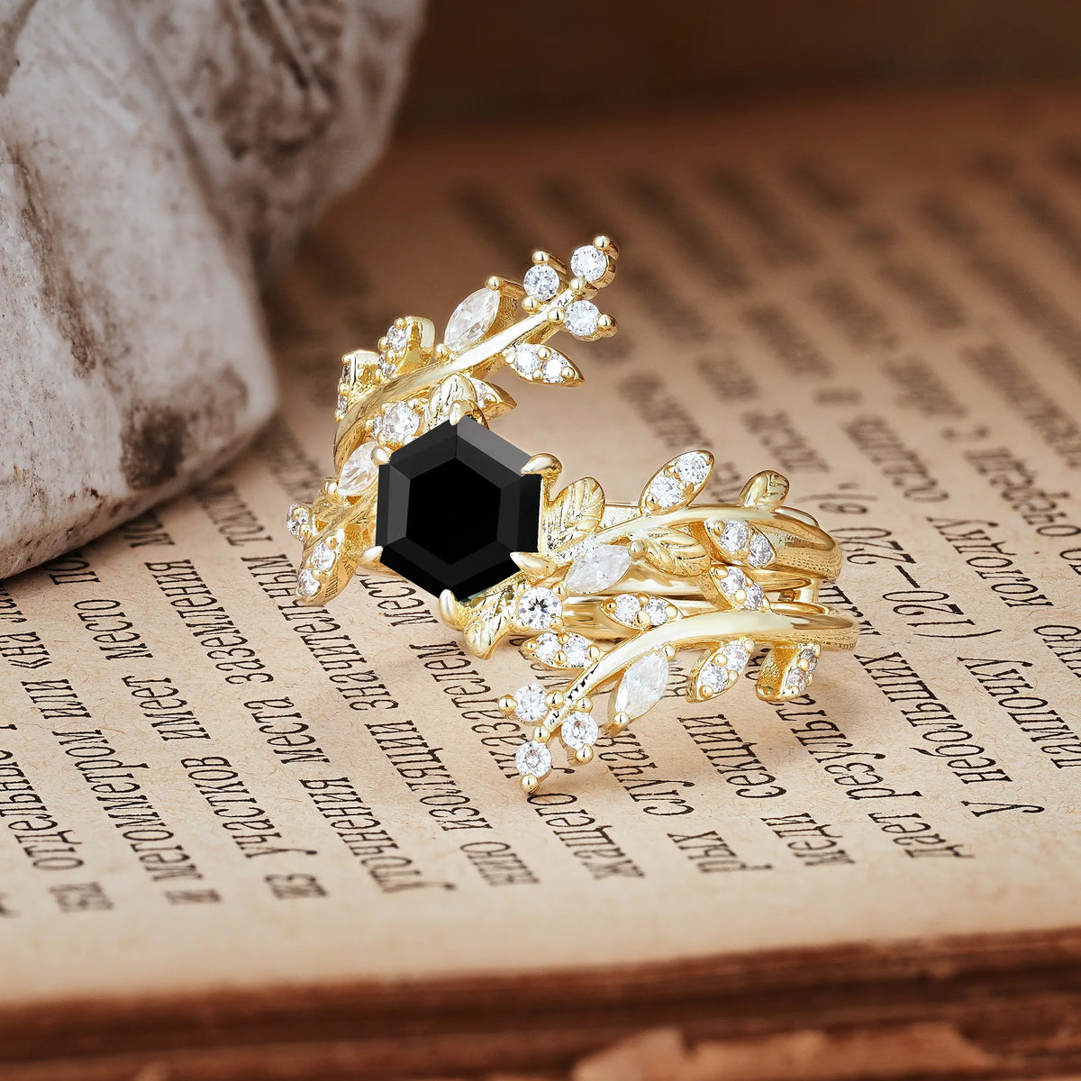 Nature-Inspired Luxury: 6-Prong Hexagonal Cut Black Onyx Bridal Ring Set
