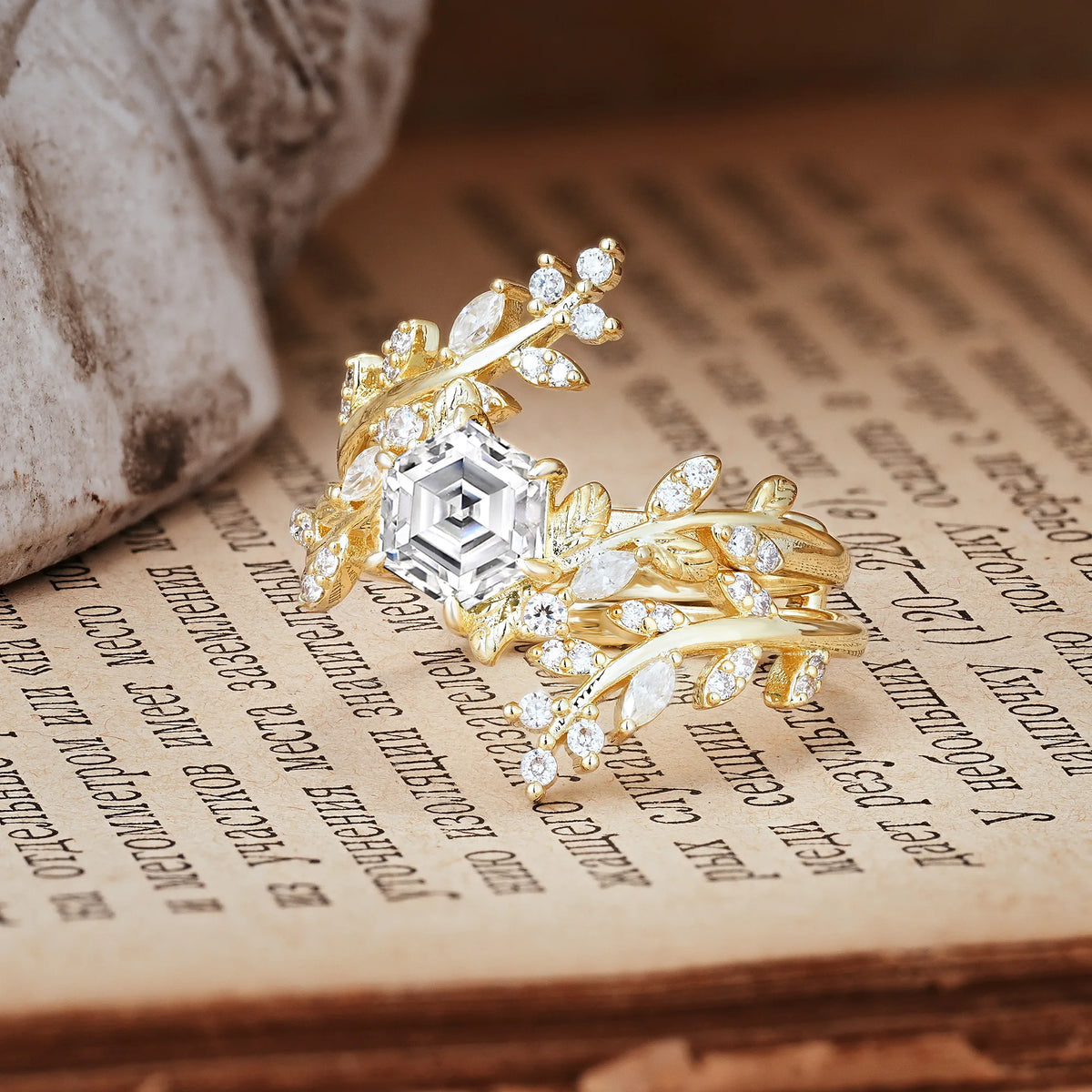 Nature-Inspired Luxury: 6-Prong Hexagonal Cut Lab Diamond Bridal Ring Set