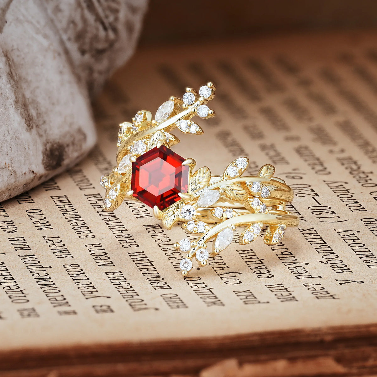 Nature-Inspired Luxury: 6-Prong Hexagonal Cut Garnet Bridal Ring Set
