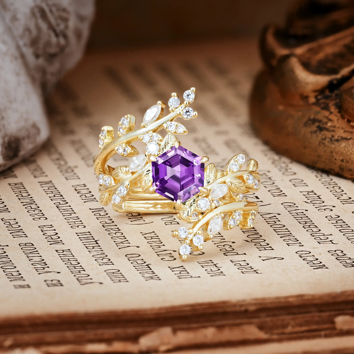 Nature-Inspired Luxury: 6-Prong Hexagonal Cut Amethyst Bridal Ring Set