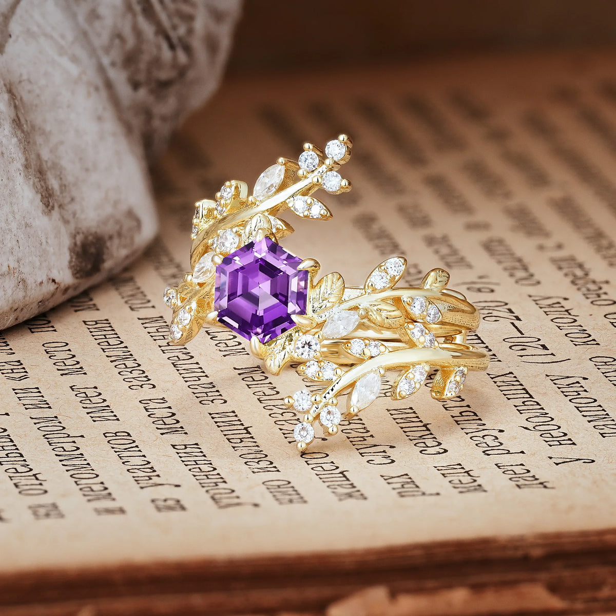 Nature-Inspired Luxury: 6-Prong Hexagonal Cut Amethyst Bridal Ring Set