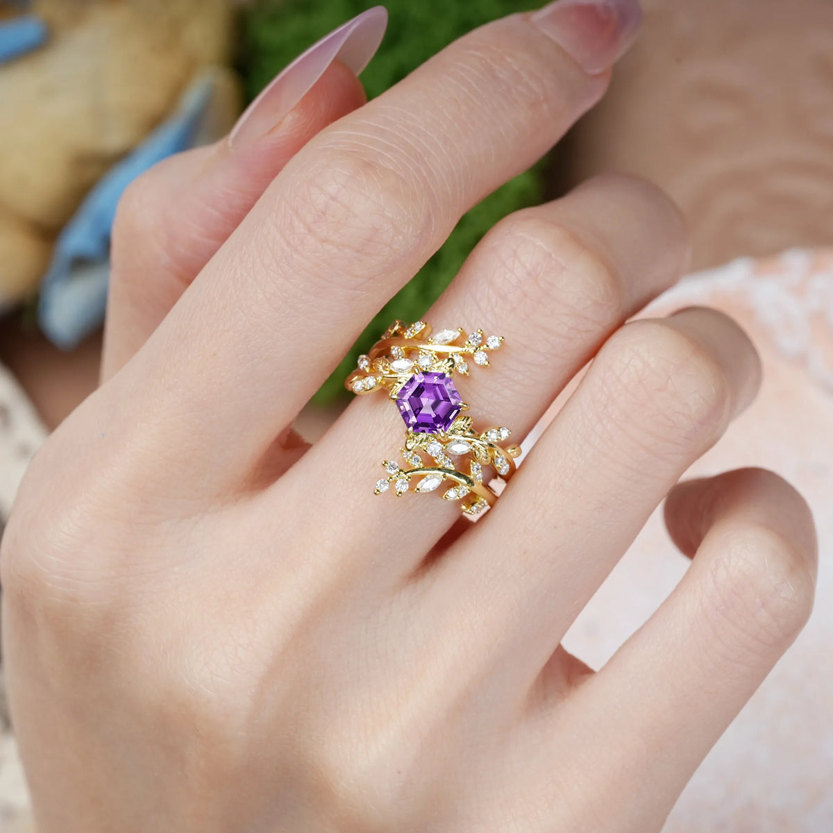 Hexagonal Cut Amethyst Nature-Inspired Luxury 6-Prong Bridal Ring Set