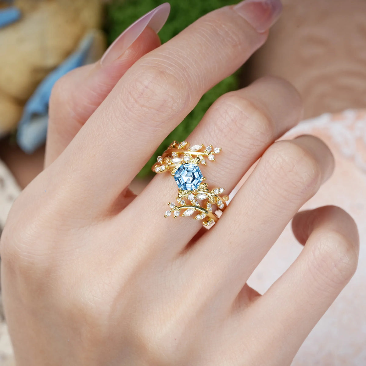 Hexagonal Cut Aquamarine Nature-Inspired Luxury 6-Prong Bridal Ring Set