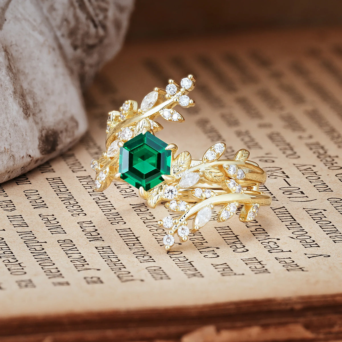 Nature-Inspired Luxury: 6-Prong Hexagonal Cut Emerald Bridal Ring Set