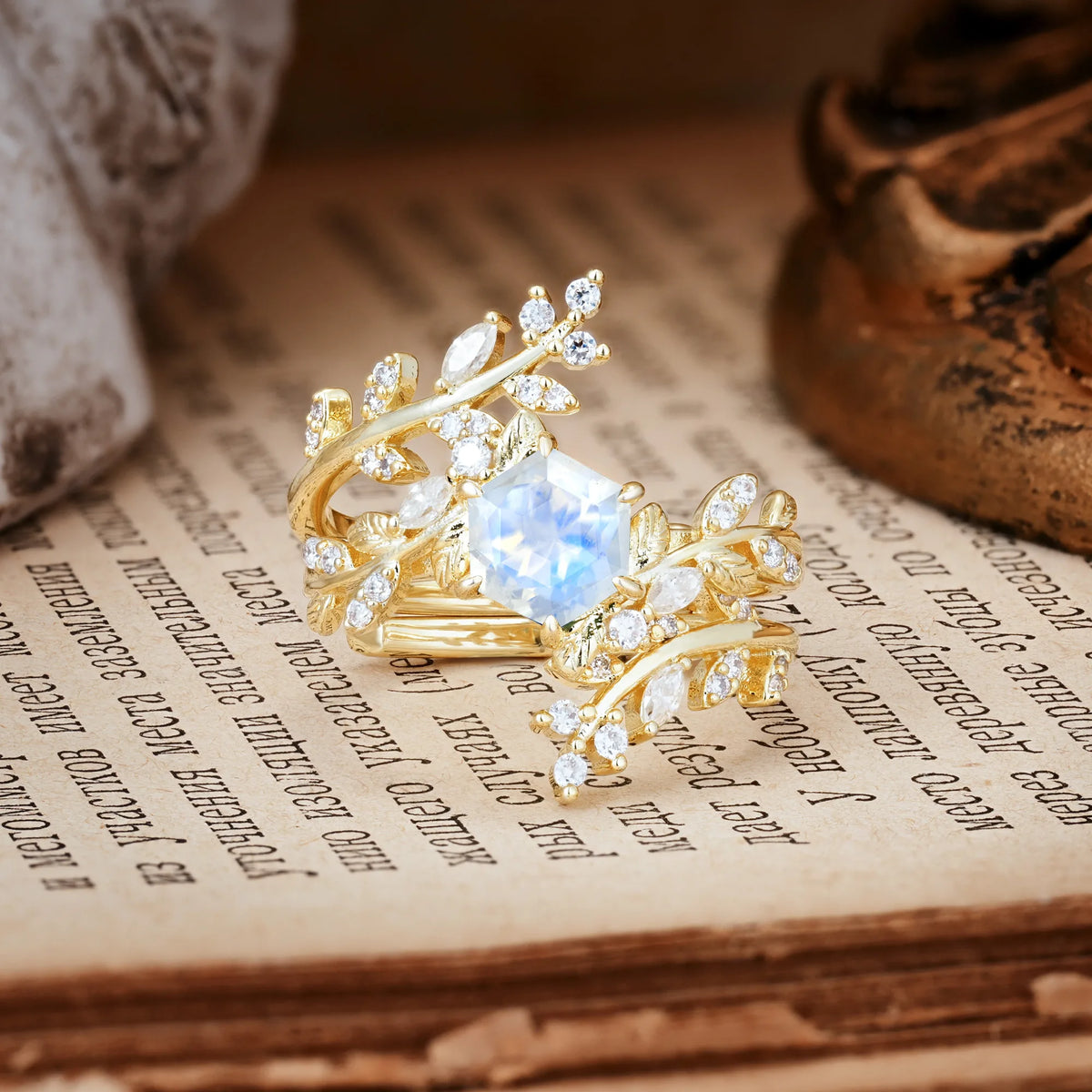 Nature-Inspired Luxury: 6-Prong Hexagonal Cut Moonstone Bridal Ring Set