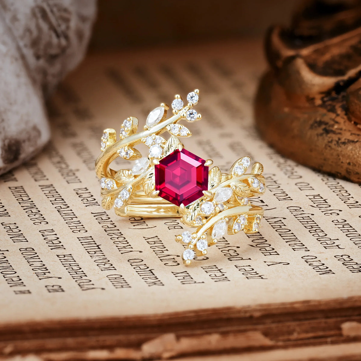 Nature-Inspired Luxury: 6-Prong Hexagonal Cut Ruby Bridal Ring Set