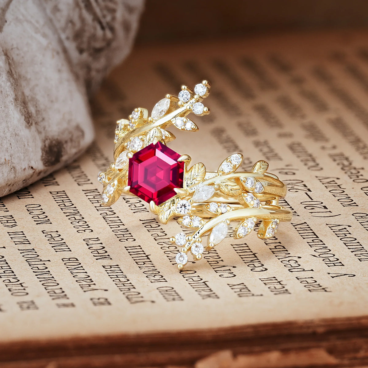 Nature-Inspired Luxury: 6-Prong Hexagonal Cut Ruby Bridal Ring Set