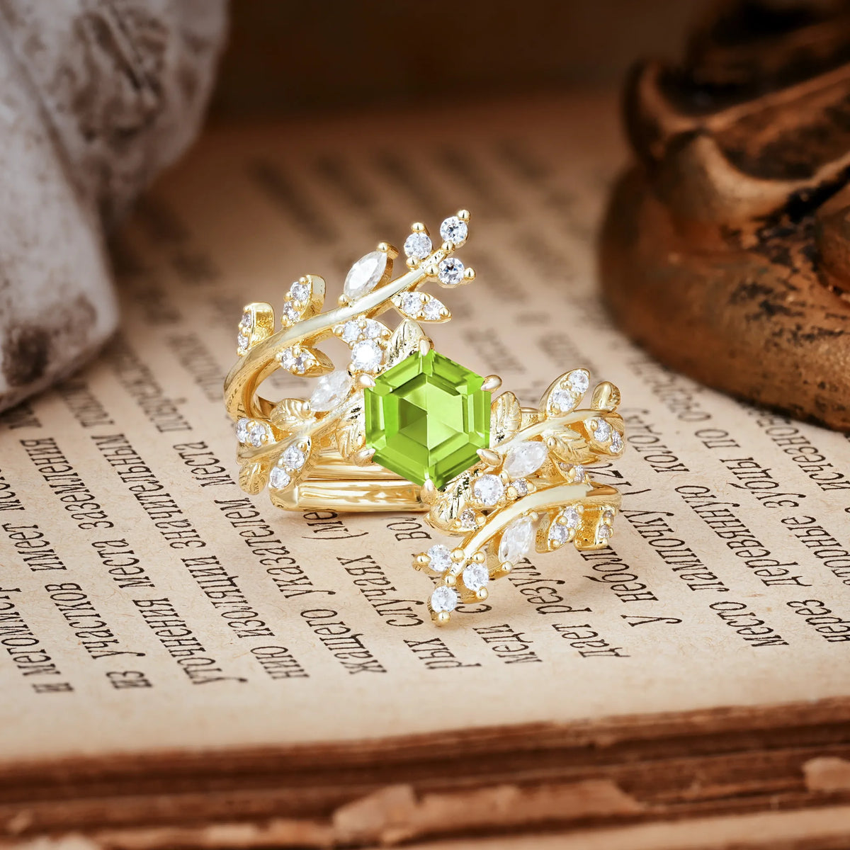 Nature-Inspired Luxury: 6-Prong Hexagonal Cut Peridot Bridal Ring Set