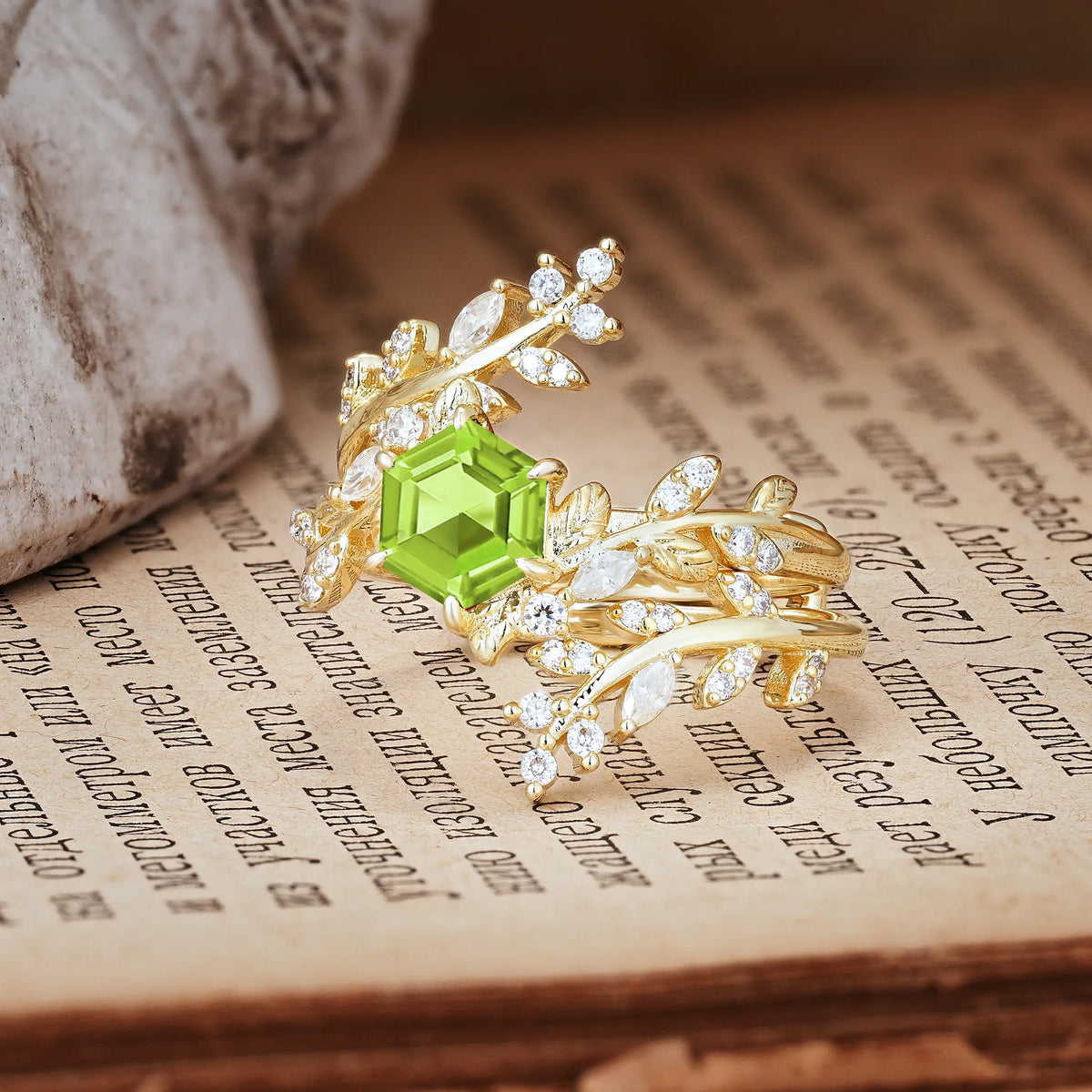 Nature-Inspired Luxury: 6-Prong Hexagonal Cut Peridot Bridal Ring Set