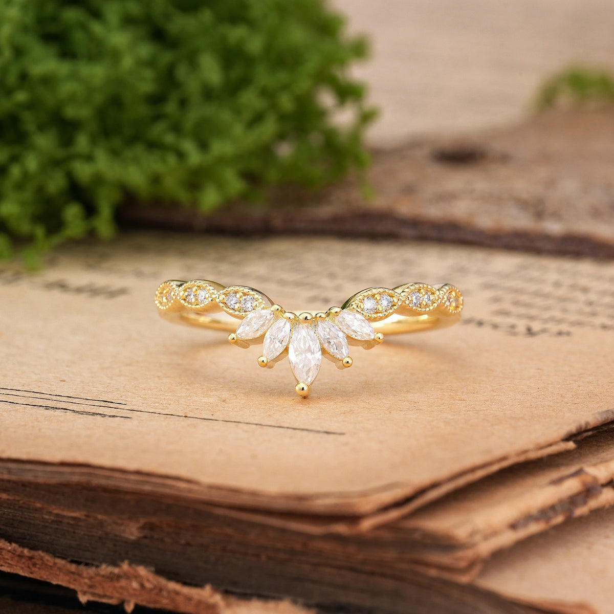 Marquise Cut Moissanite Luxurious Pavé Setting with Unique 2-Prong Wedding Ring