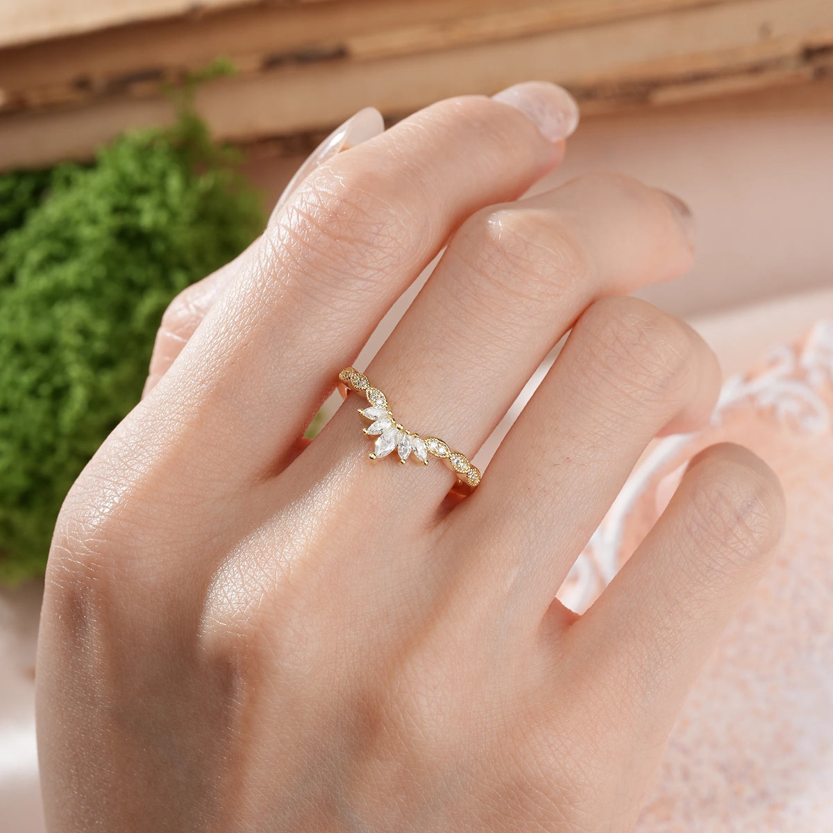 Marquise Cut Moissanite Luxurious Pavé Setting with Unique 2-Prong Wedding Ring