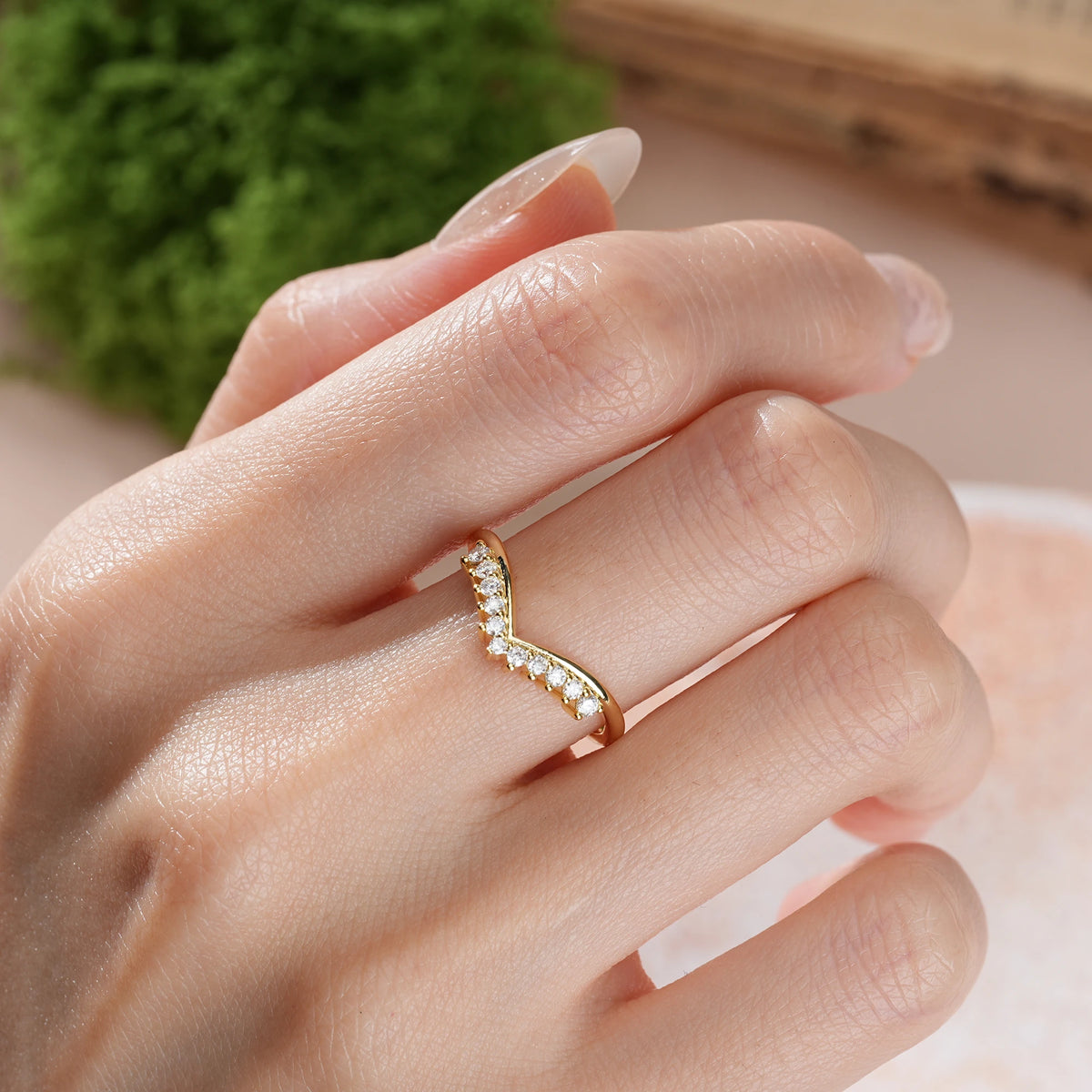 Moissanite Soft Tiered Round Gem Curved V Chevron Stacking Wedding Ring