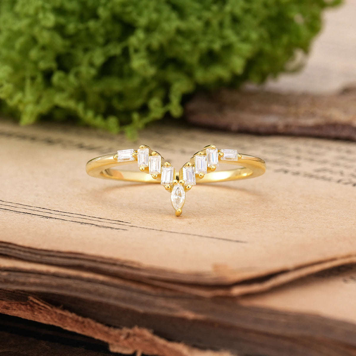 Marquise Cut Moissanite V Shaped Chevron Baguette Step Stone Thin Band Wedding Ring