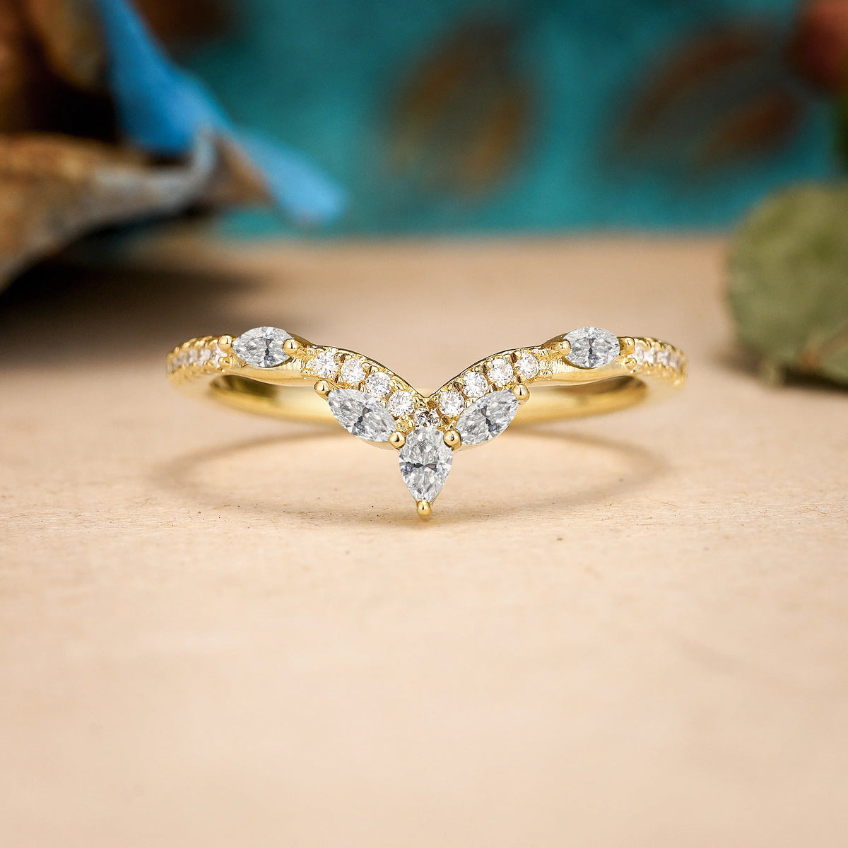 Lab Diamond Glamorous Pavé Pear‑Marquise V‑Chevron Wedding Ring