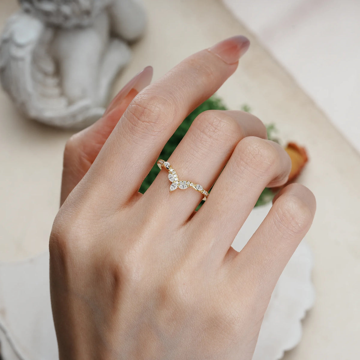 Lab Diamond Glamorous Pavé Pear‑Marquise V‑Chevron Wedding Ring