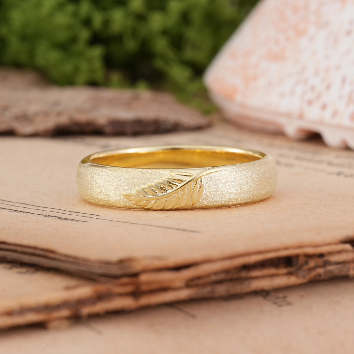 Velvety Satin-Finish Feather-Carved Wedding Ring