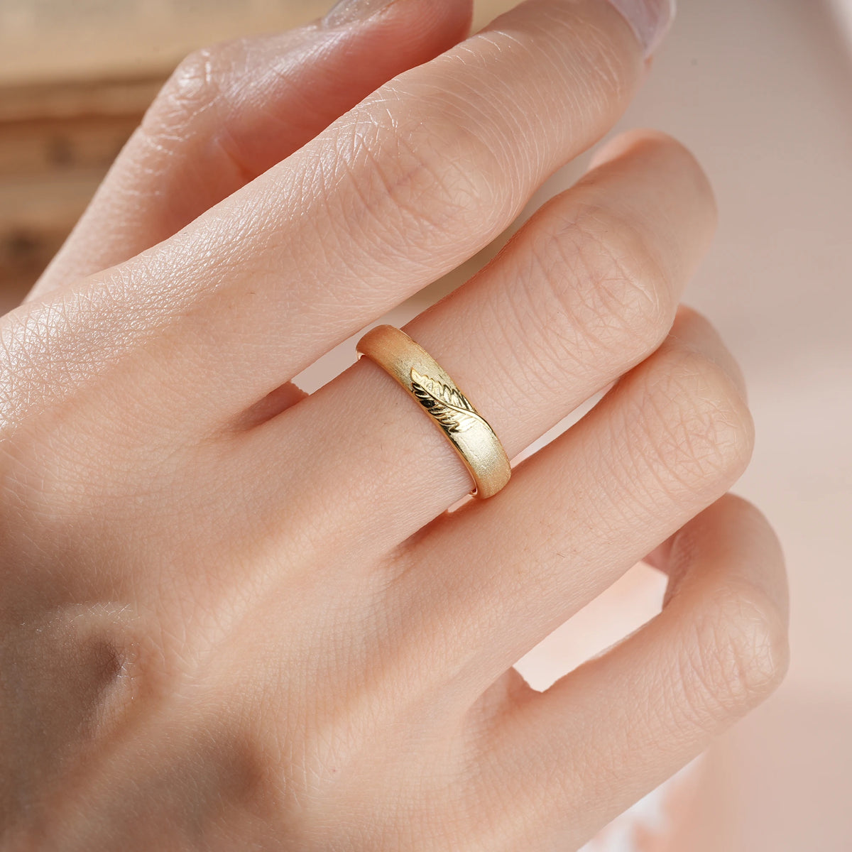 Velvety Satin-Finish Feather-Carved Wedding Ring