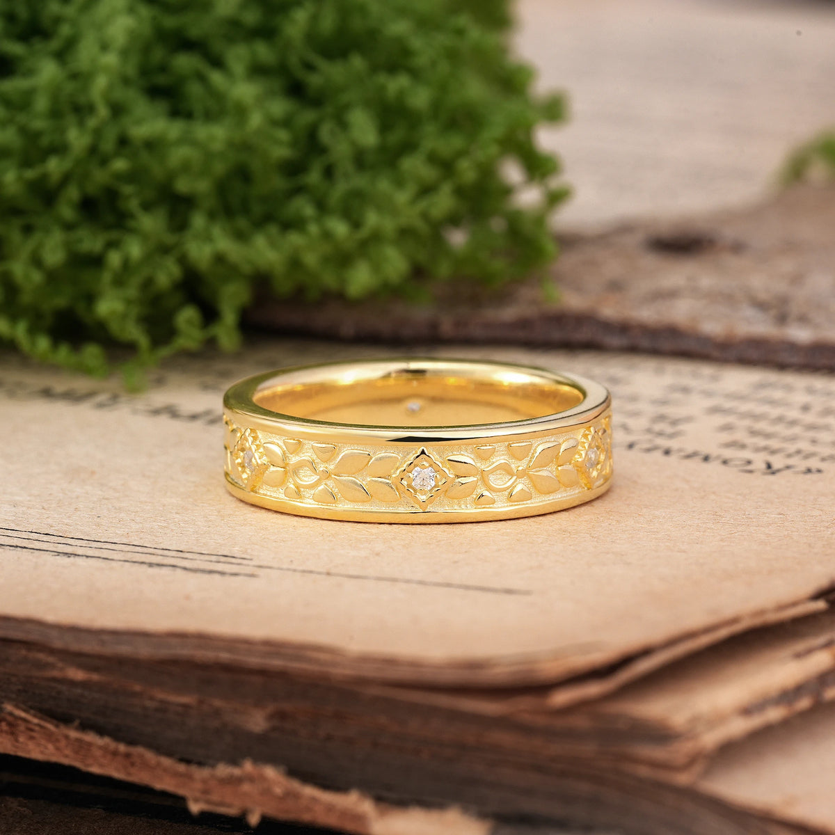 Moissanite Sunlit Polished-Matte Floral Engraved Wide Wedding Ring