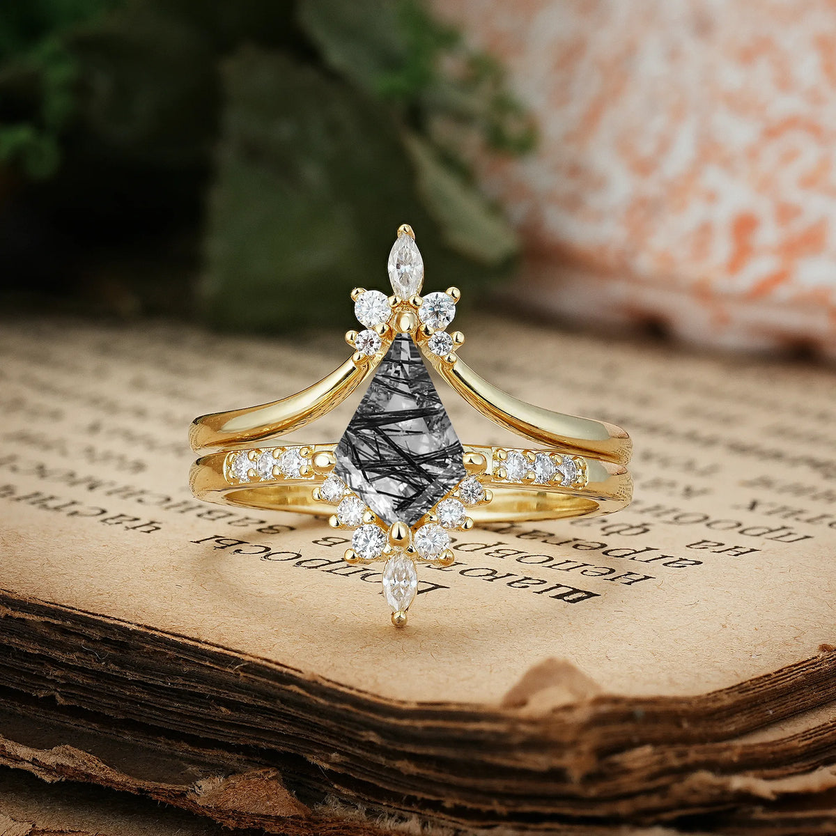 Luxurious Classic 4-Prong Kite Cut Black Rutilated Quartz Bridal Ring Set