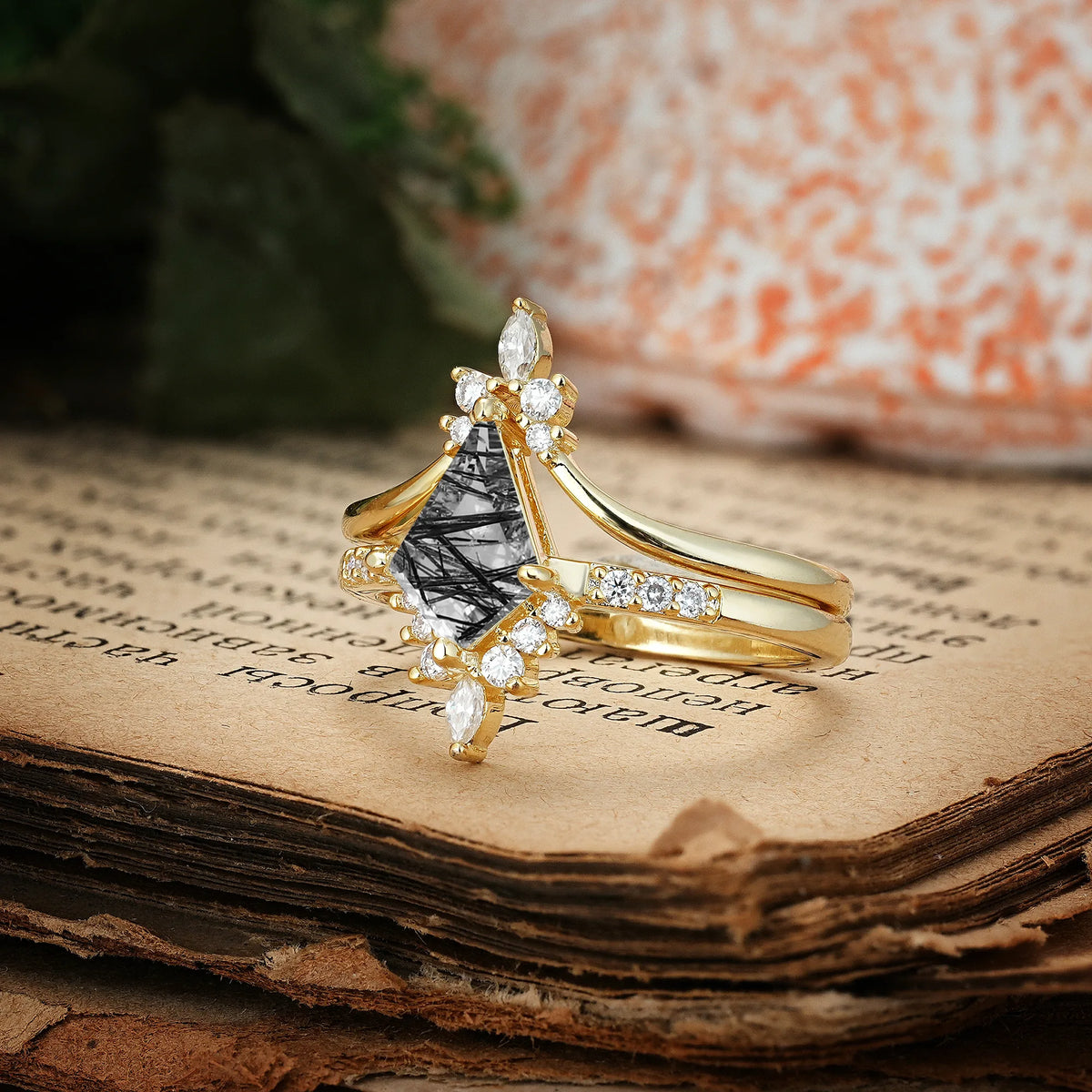 Luxurious Classic 4-Prong Kite Cut Black Rutilated Quartz Bridal Ring Set