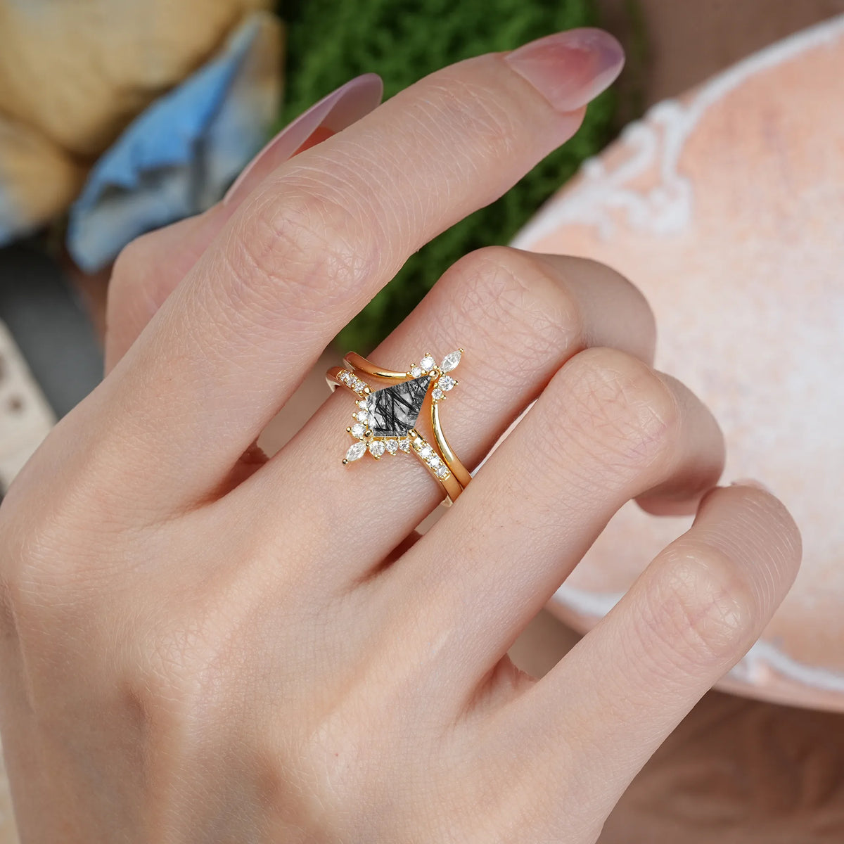 Kite Cut Black Rutilated Quartz Luxurious Classic 4-Prong Bridal Ring Set