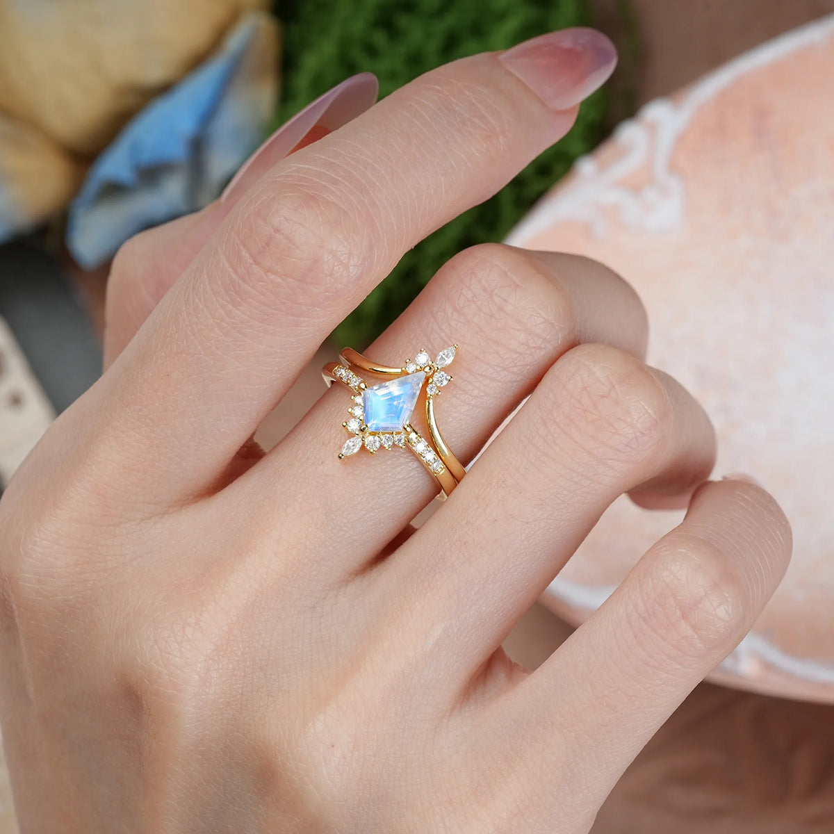 Kite Cut Moonstone Luxurious Classic 4-Prong Bridal Ring Set