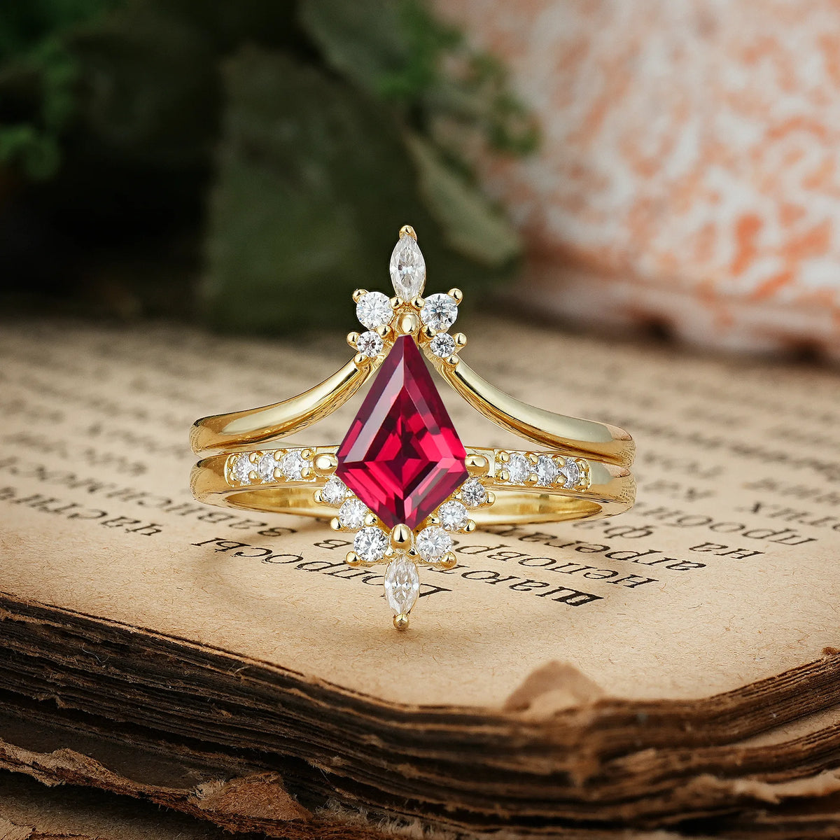 Luxurious Classic 4-Prong Kite Cut Ruby Bridal Ring Set