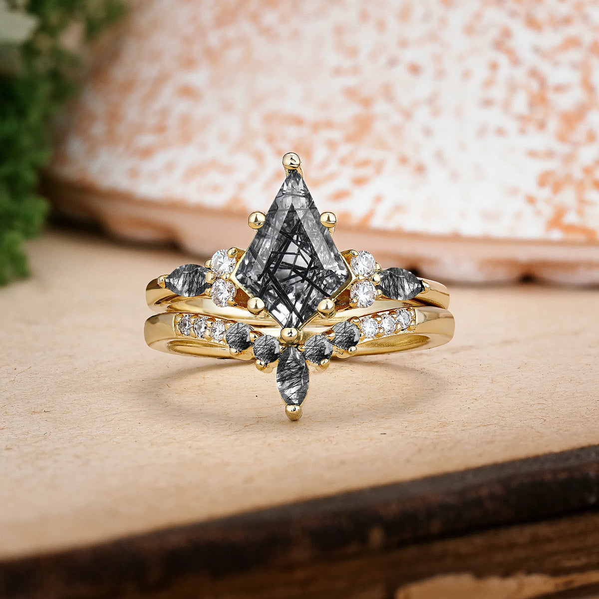 Kite Cut Black Rutilated Quartz Luxurious 5-Prong Bridal Ring Set