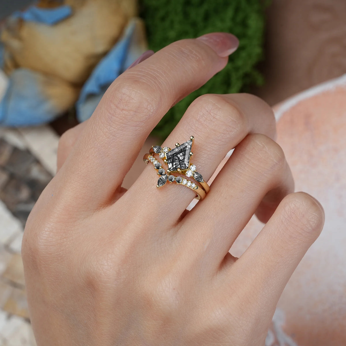 Kite Cut Black Rutilated Quartz Luxurious 5-Prong Bridal Ring Set