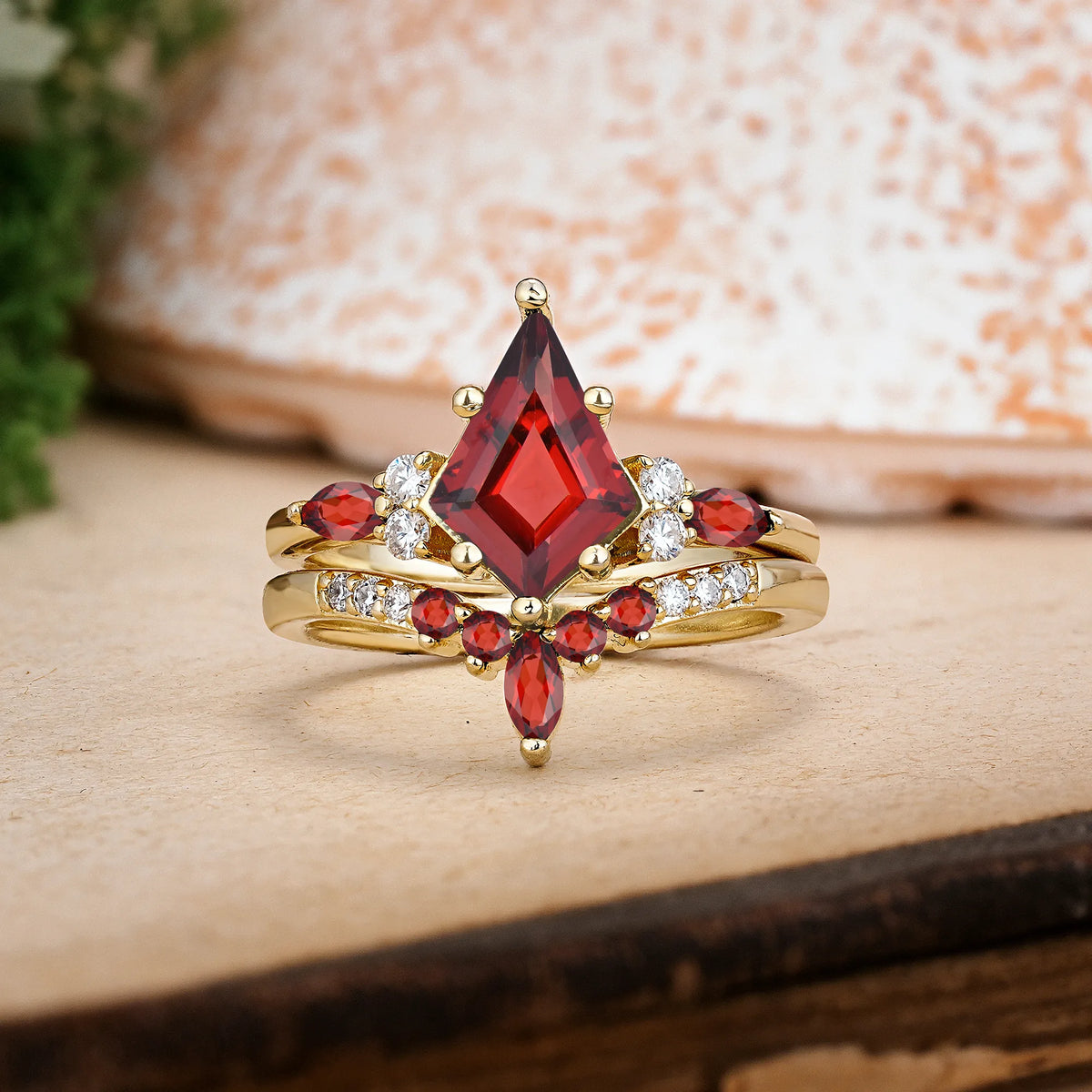 Kite Cut Garnet Luxurious 5-Prong Bridal Ring Set
