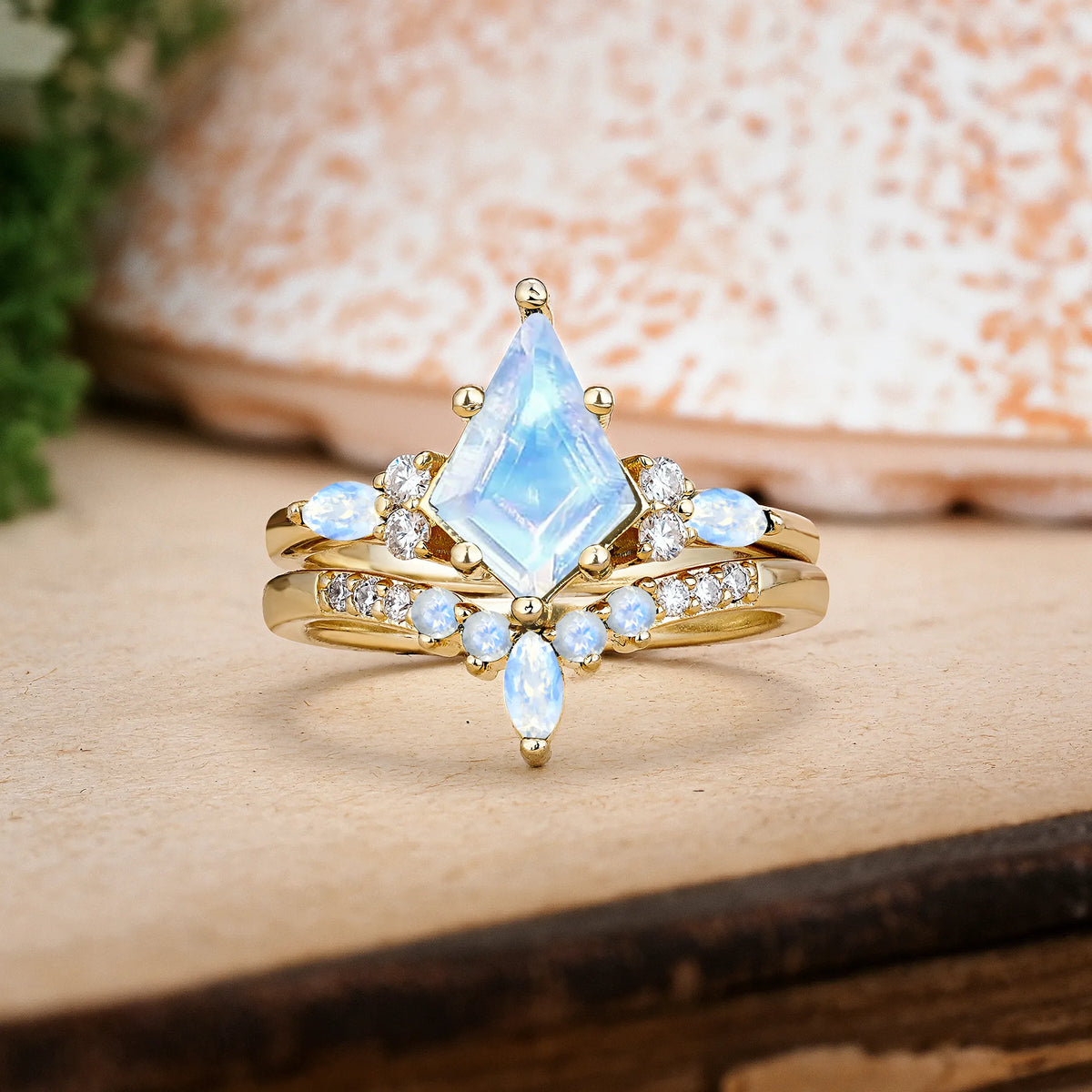 Kite Cut Moonstone Luxurious 5-Prong Bridal Ring Set