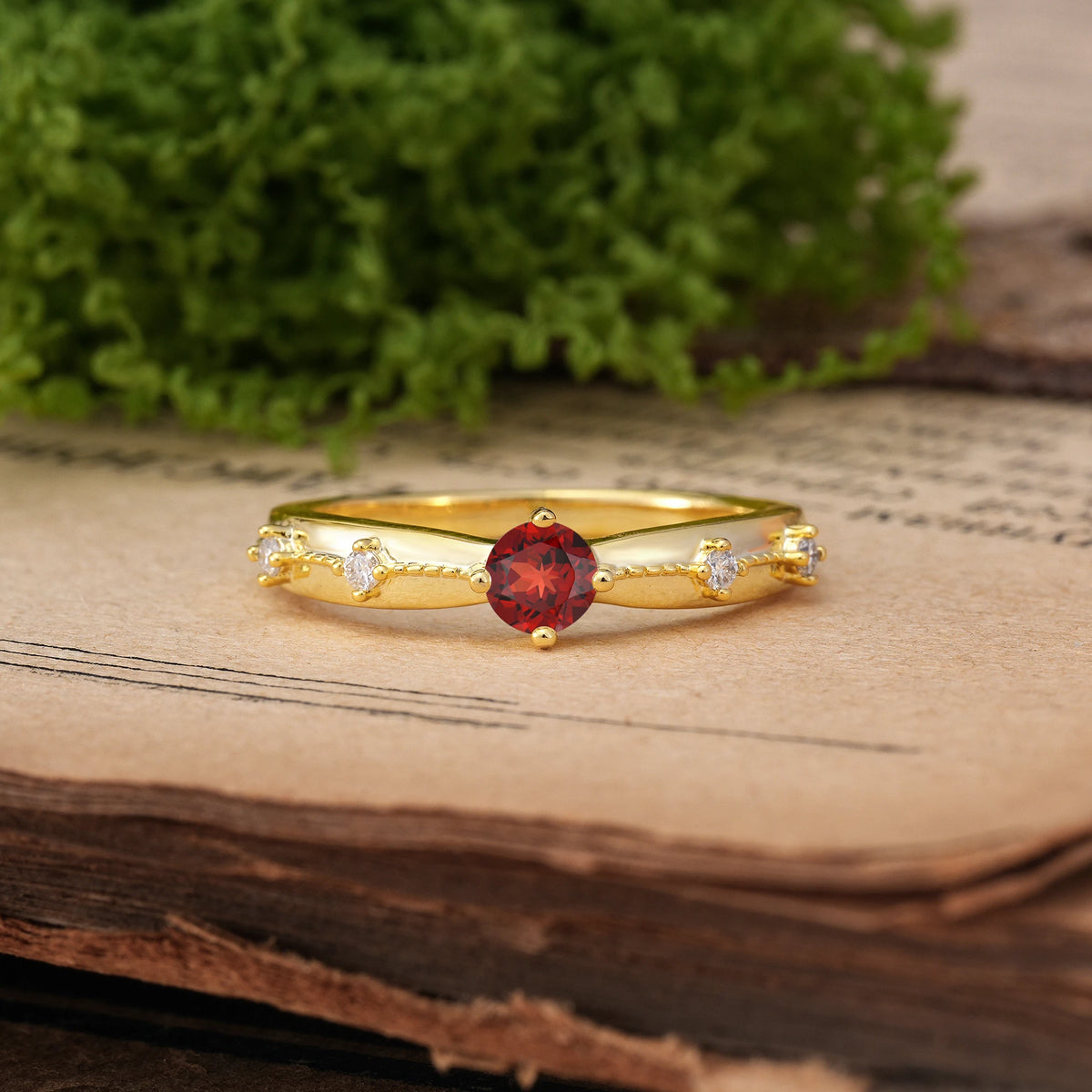 Round Cut Garnet Simply Luxurious 4-Prong Wedding Ring