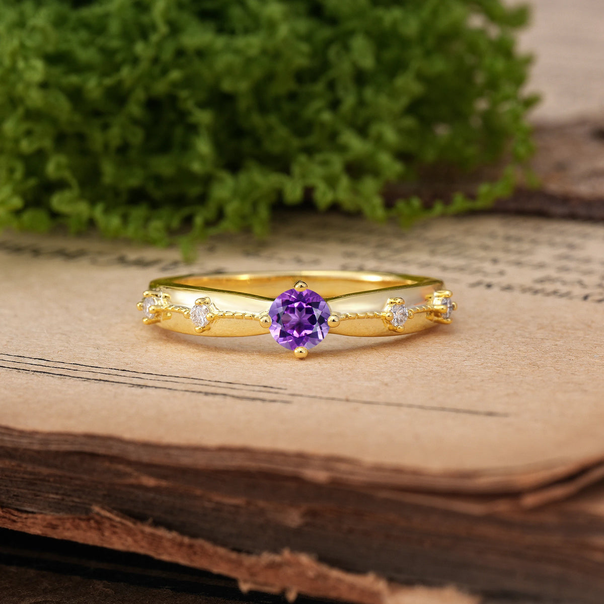 Round Cut Amethyst Simply Luxurious 4-Prong Wedding Ring