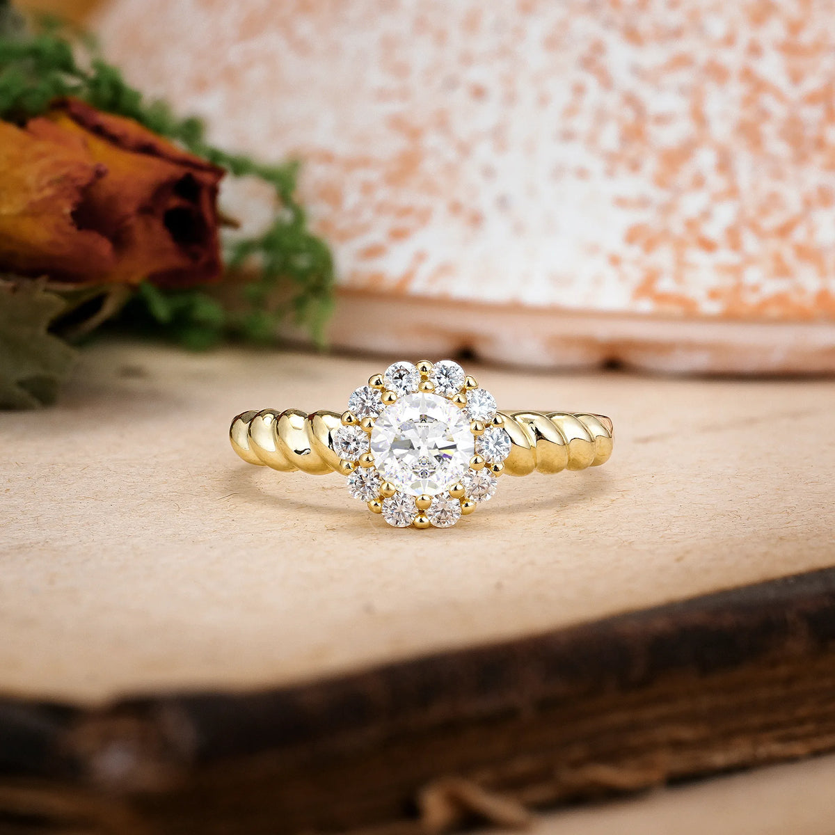 Round Cut Moissanite Classic Flower-Shaped 10-Prong Engagement Ring