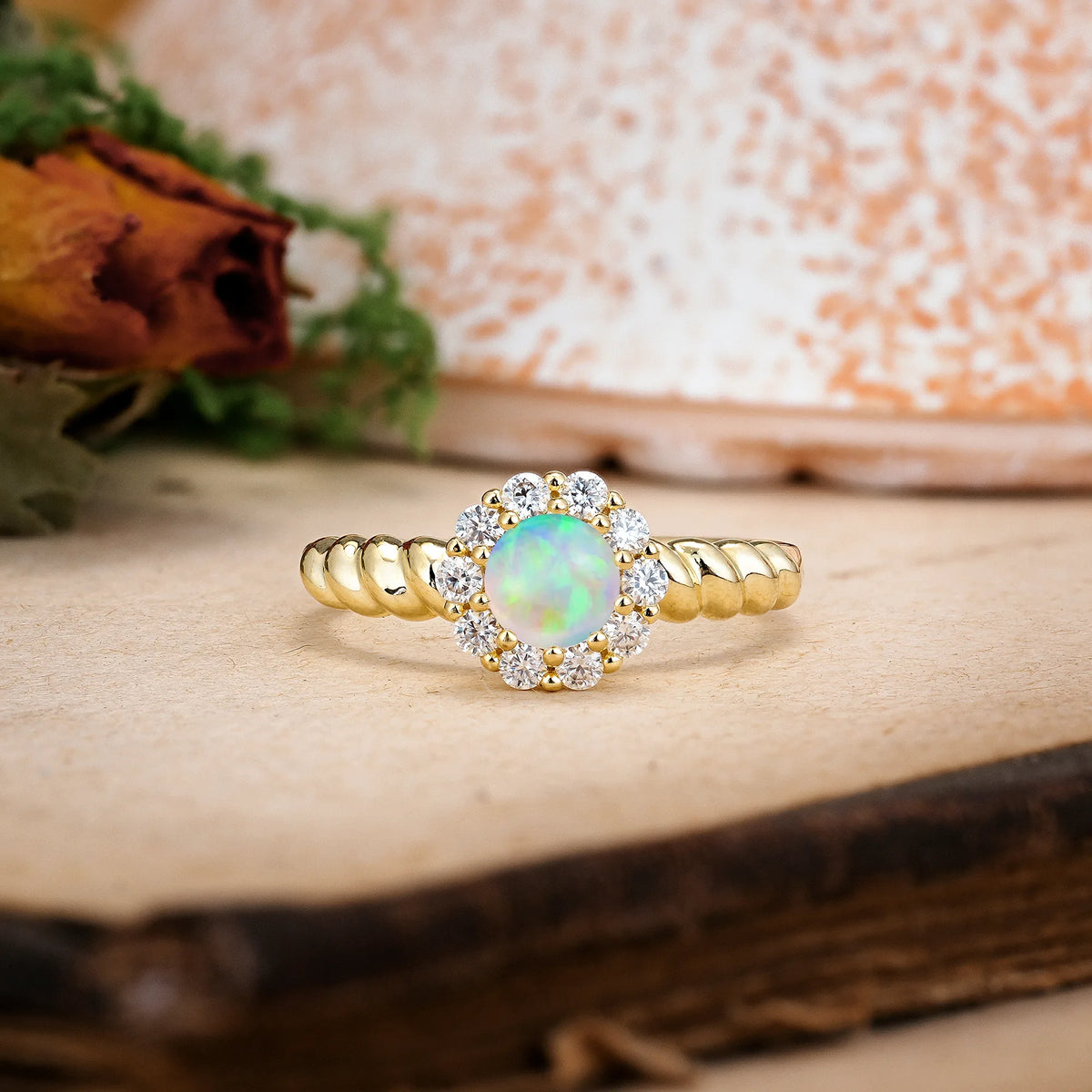 Round Cut Fire Opal Classic Flower-Shaped 10-Prong Engagement Ring