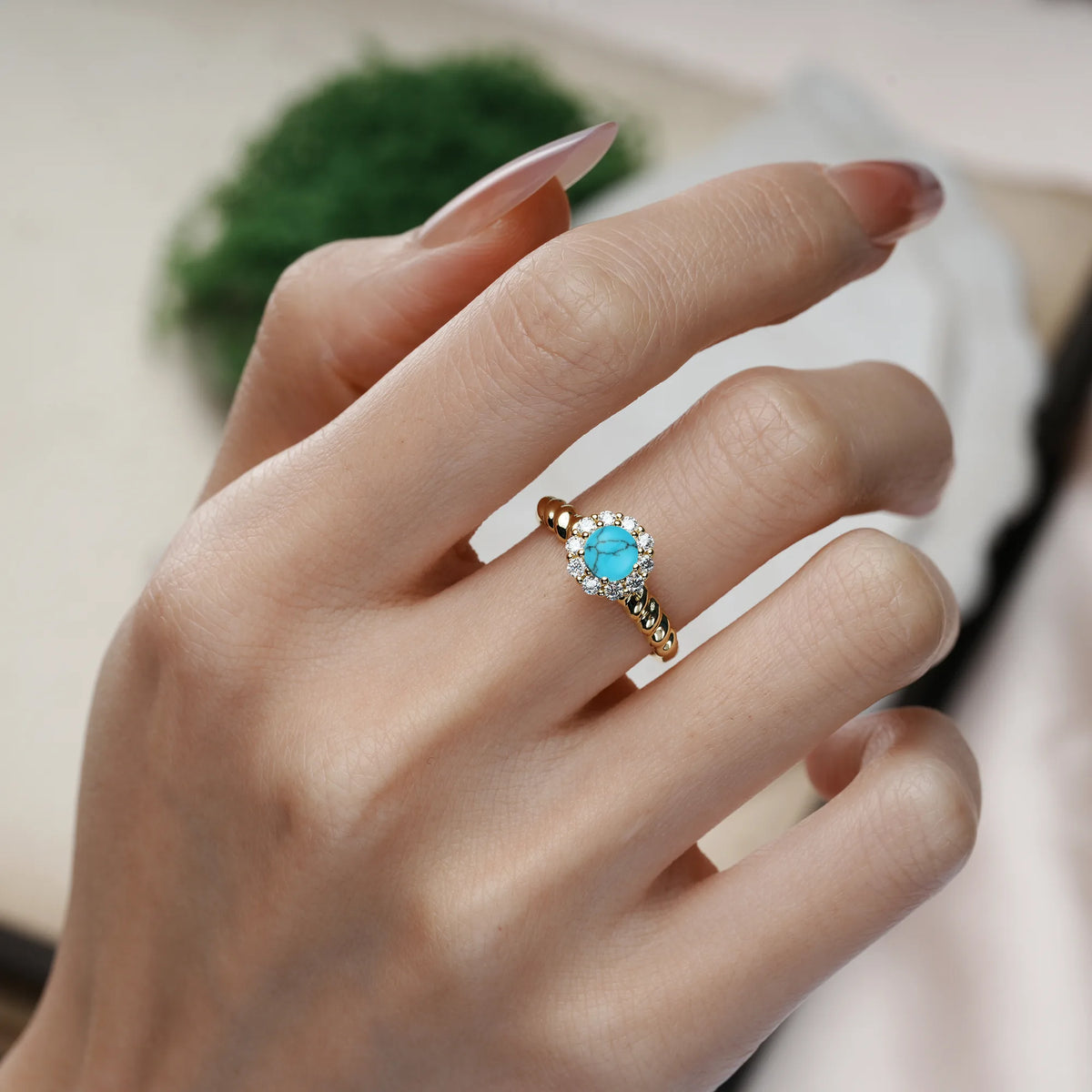 Round Cut Turquoise Classic Flower-Shaped 10-Prong Engagement Ring
