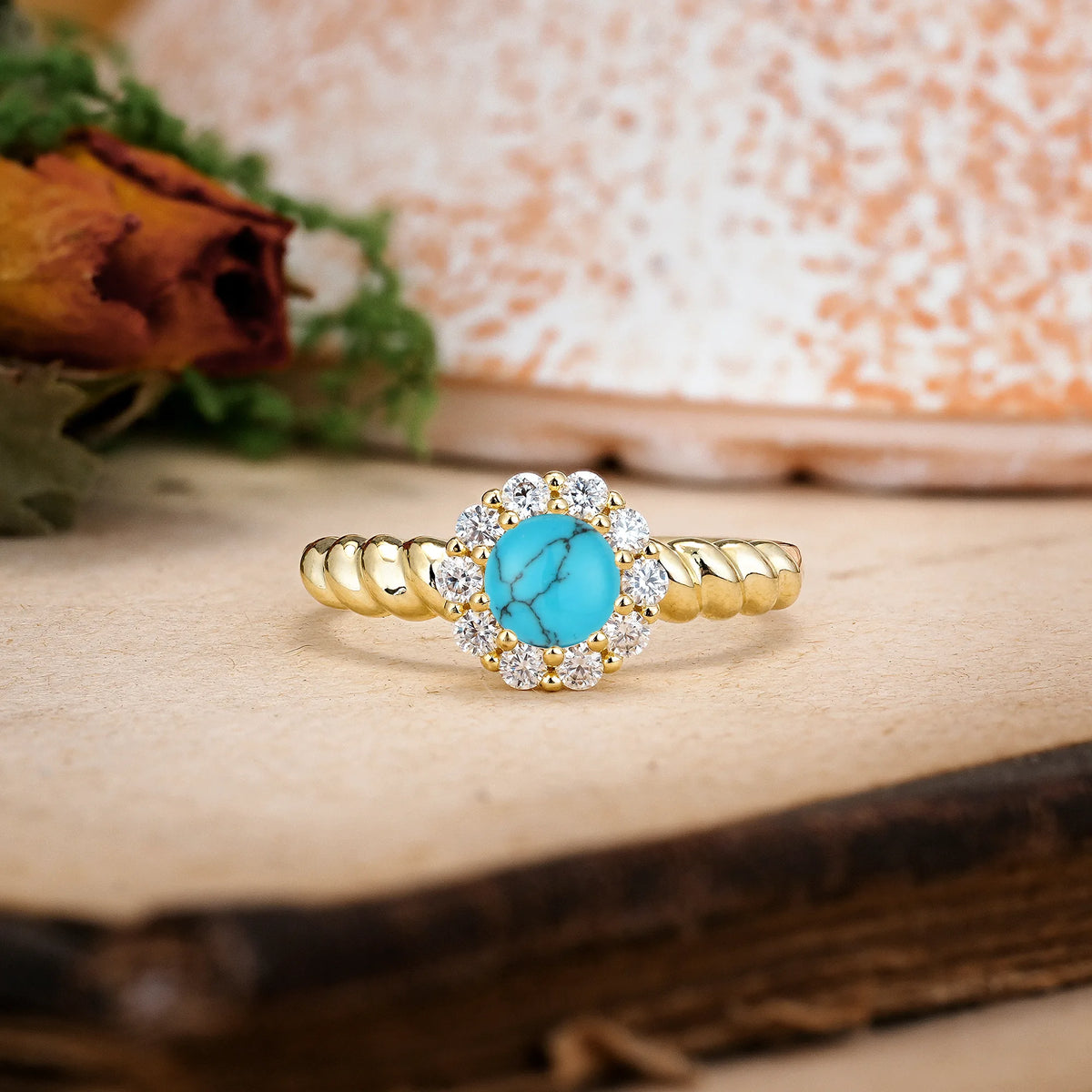 Round Cut Turquoise Classic Flower-Shaped 10-Prong Engagement Ring