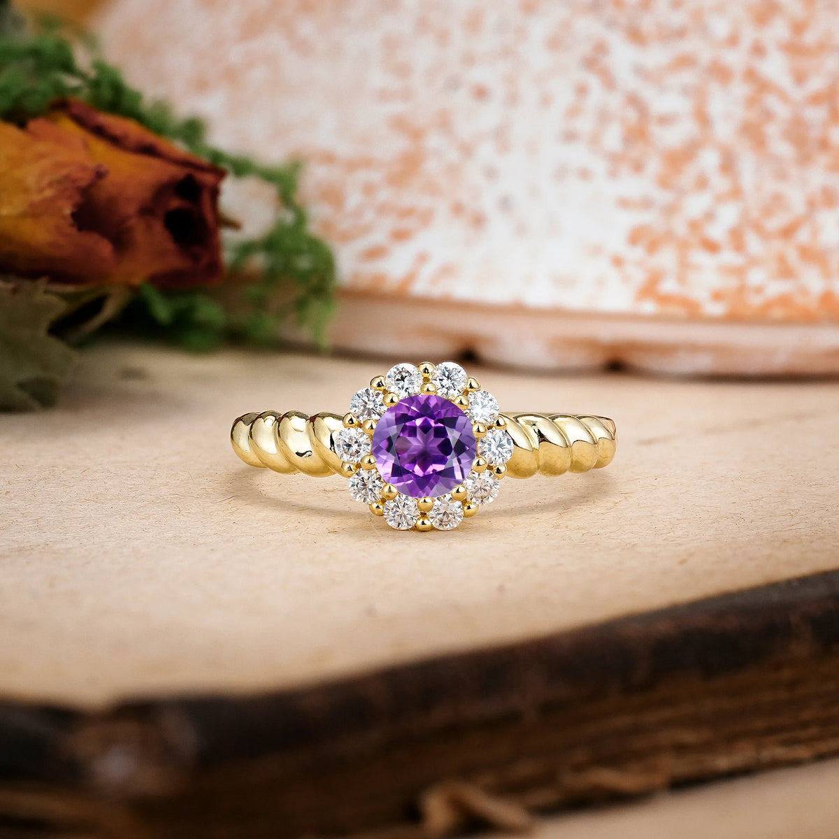 Round Cut Amethyst Classic Flower-Shaped 10-Prong Engagement Ring